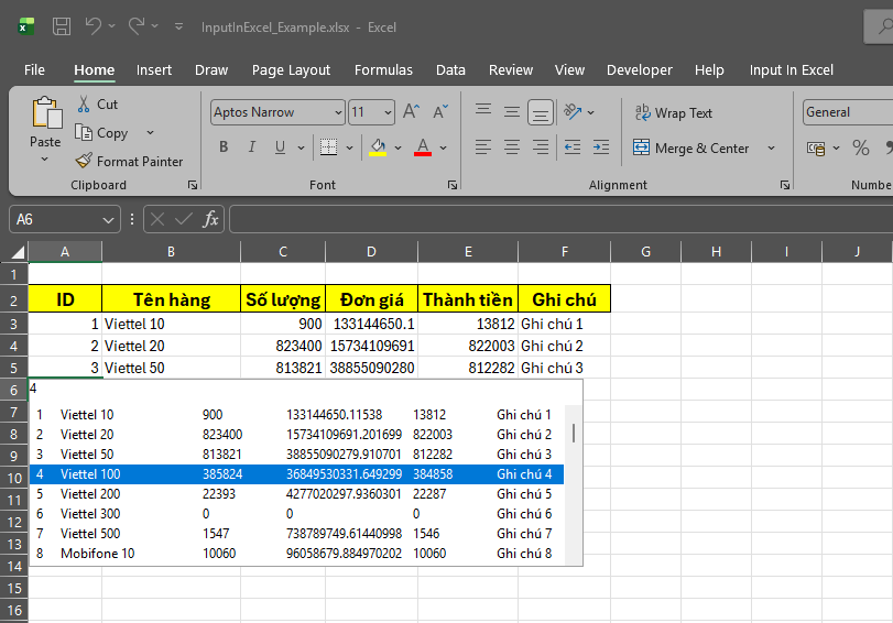Popup gợi ý nhập liệu hiện ngay tại ô đang chọn trong Excel
